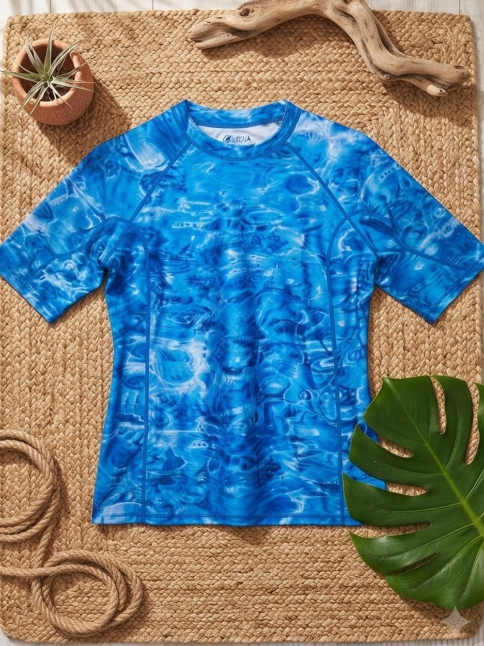 AQUA DESIGN Short Sleeve Water Camo Rashguard | Blue Water Ripple Swim Shirt